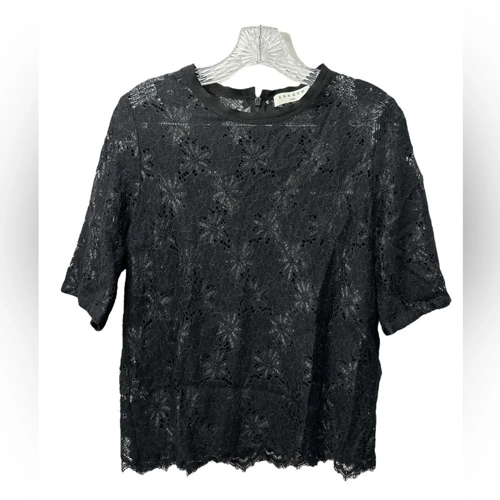 Sandro Lace Floral Sheer Black Top Size 3 / US Size 8